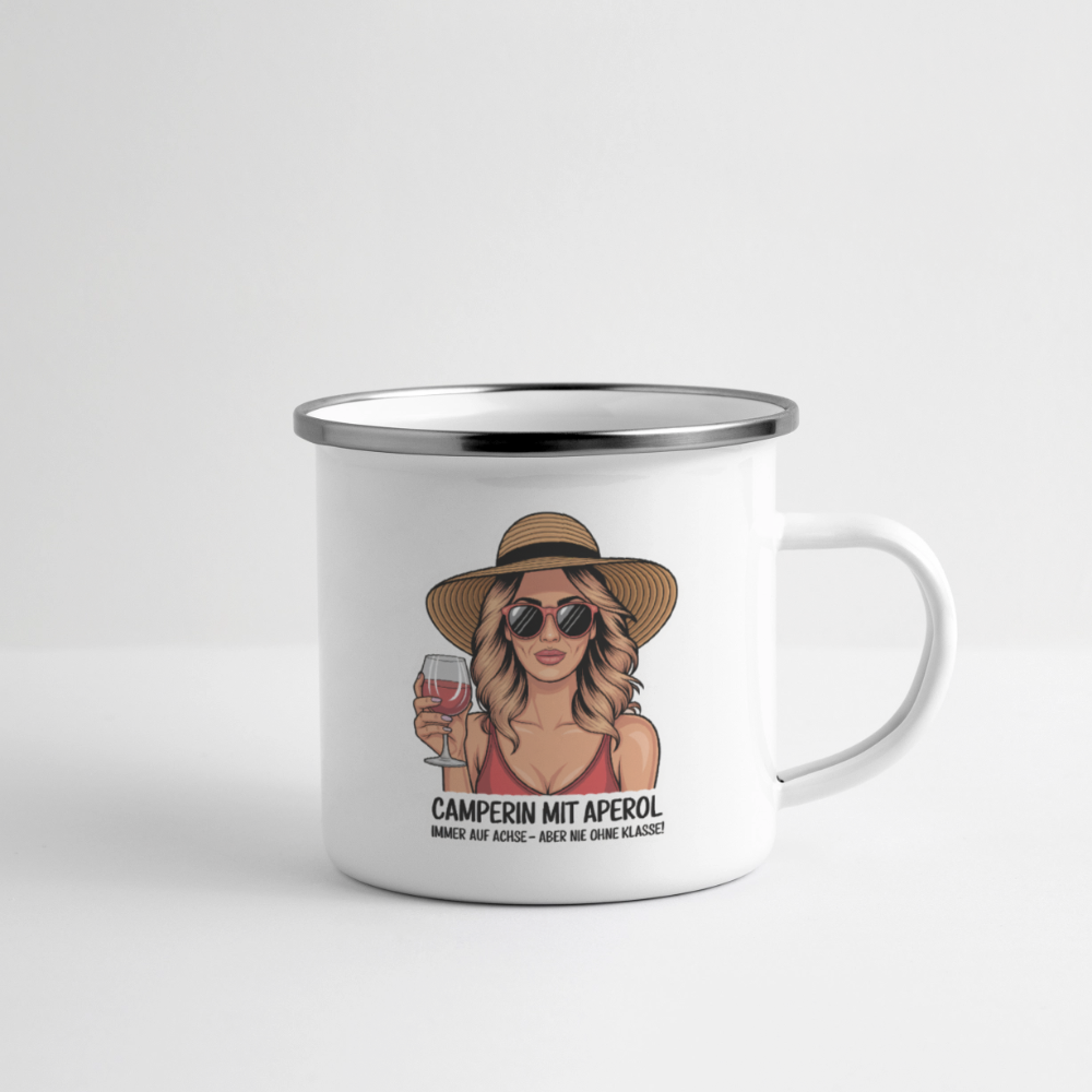 Camperin mit Aperol I Emaille Tasse - Weiß