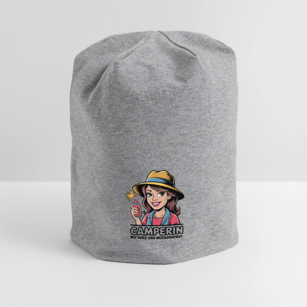 Camperin mit Herz und Mückenspray | Jersey-Beanie - Grau meliert