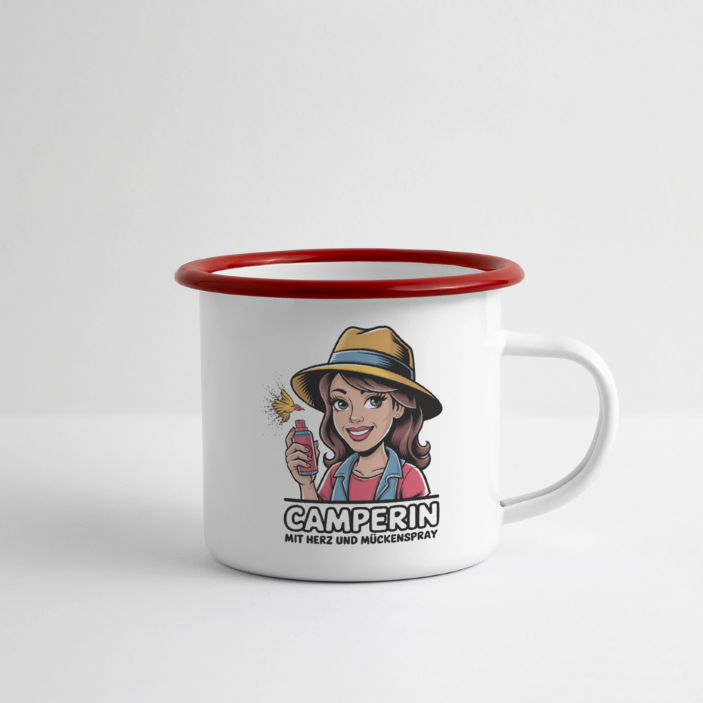 Camperin mit Herz und Mückenspray I Emaille-Tasse - Weiß/Rot