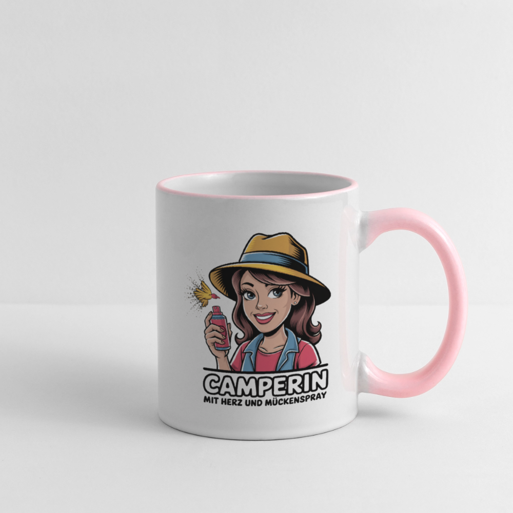 Camperin mit Herz und Mückenspray I Tasse zweifarbig - Weiß/Pink