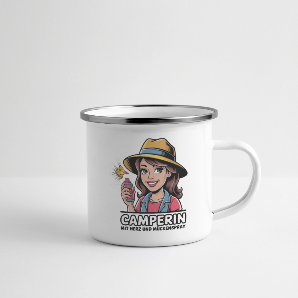 Camperin mit Herz und Mückenspray I Emaille-Tasse - Weiß