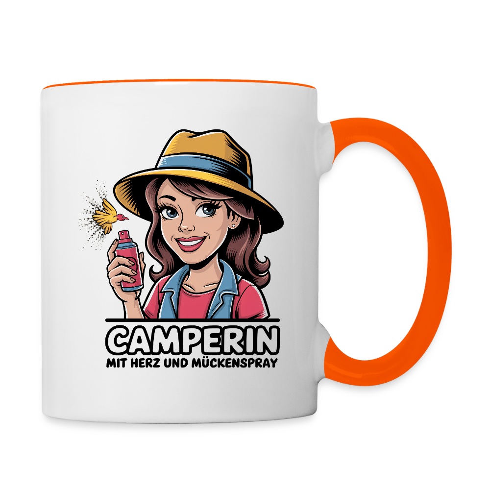 Camperin mit Herz und Mückenspray I Tasse zweifarbig - Weiß/Orange