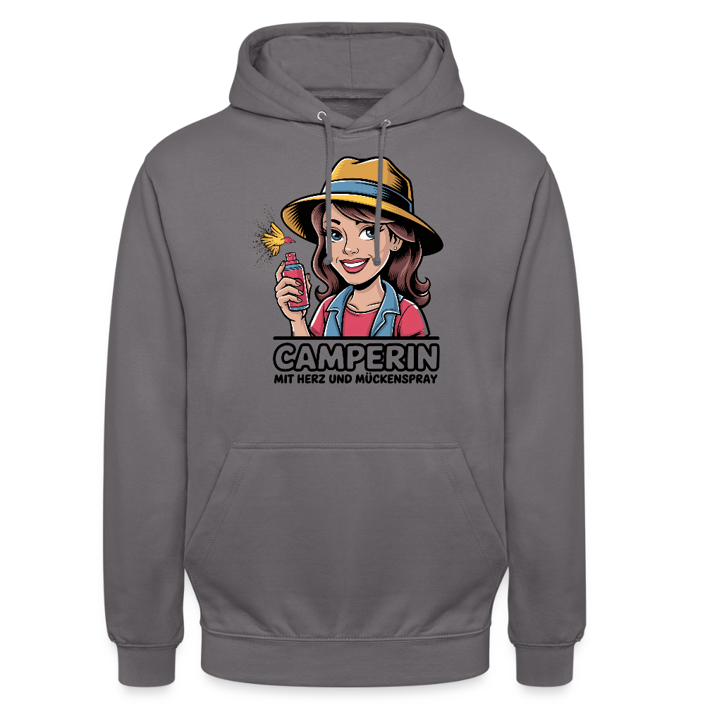 Camperin mit Herz und Mückenspray | Unisex Hoodie - Mittelgrau