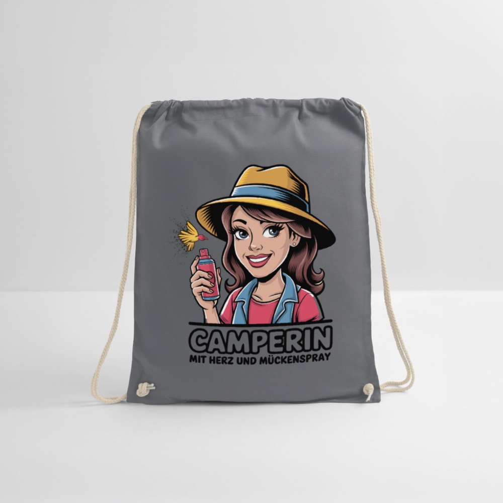 Camperin mit Herz und Mückenspray | Turnbeutel - Grau