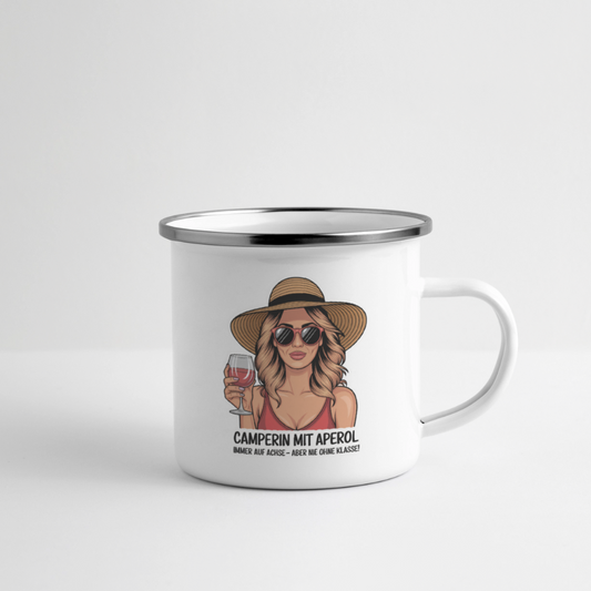 Camperin mit Aperol I Emaille Tasse - Weiß