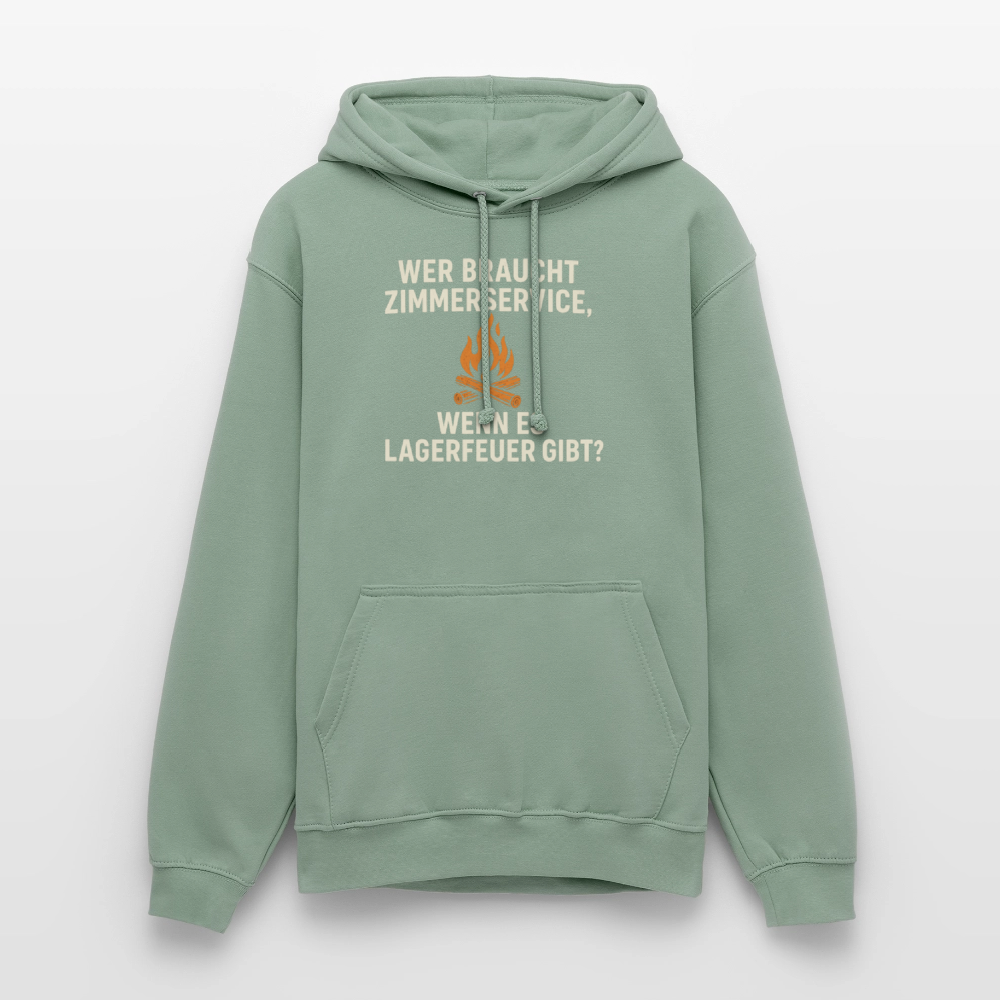 Wer braucht Zimmerservice, wenn es Lagerfeuer gibt? | Unisex Hoodie - Graugrün