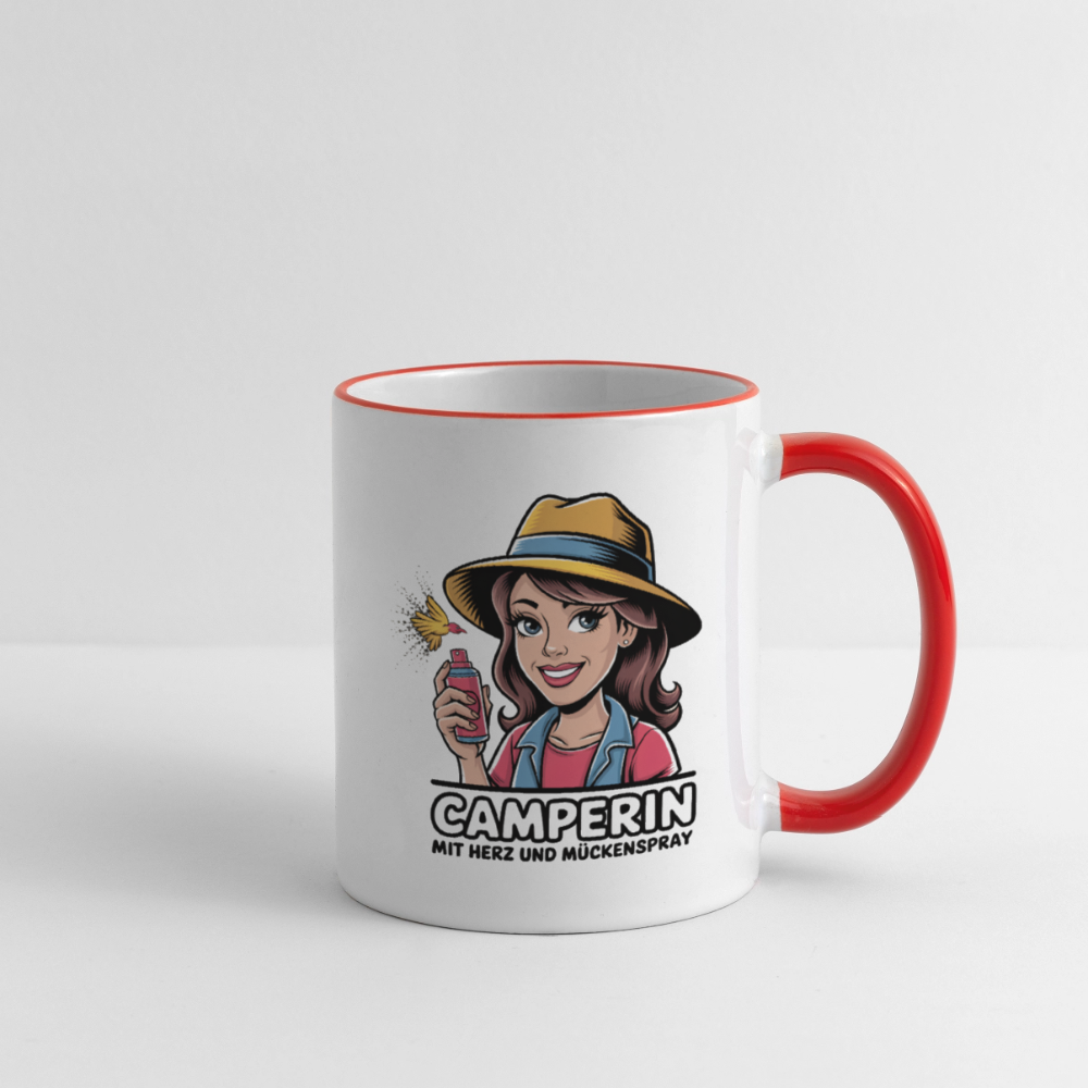 Camperin mit Herz und Mückenspray I Tasse zweifarbig - Weiß/Rot