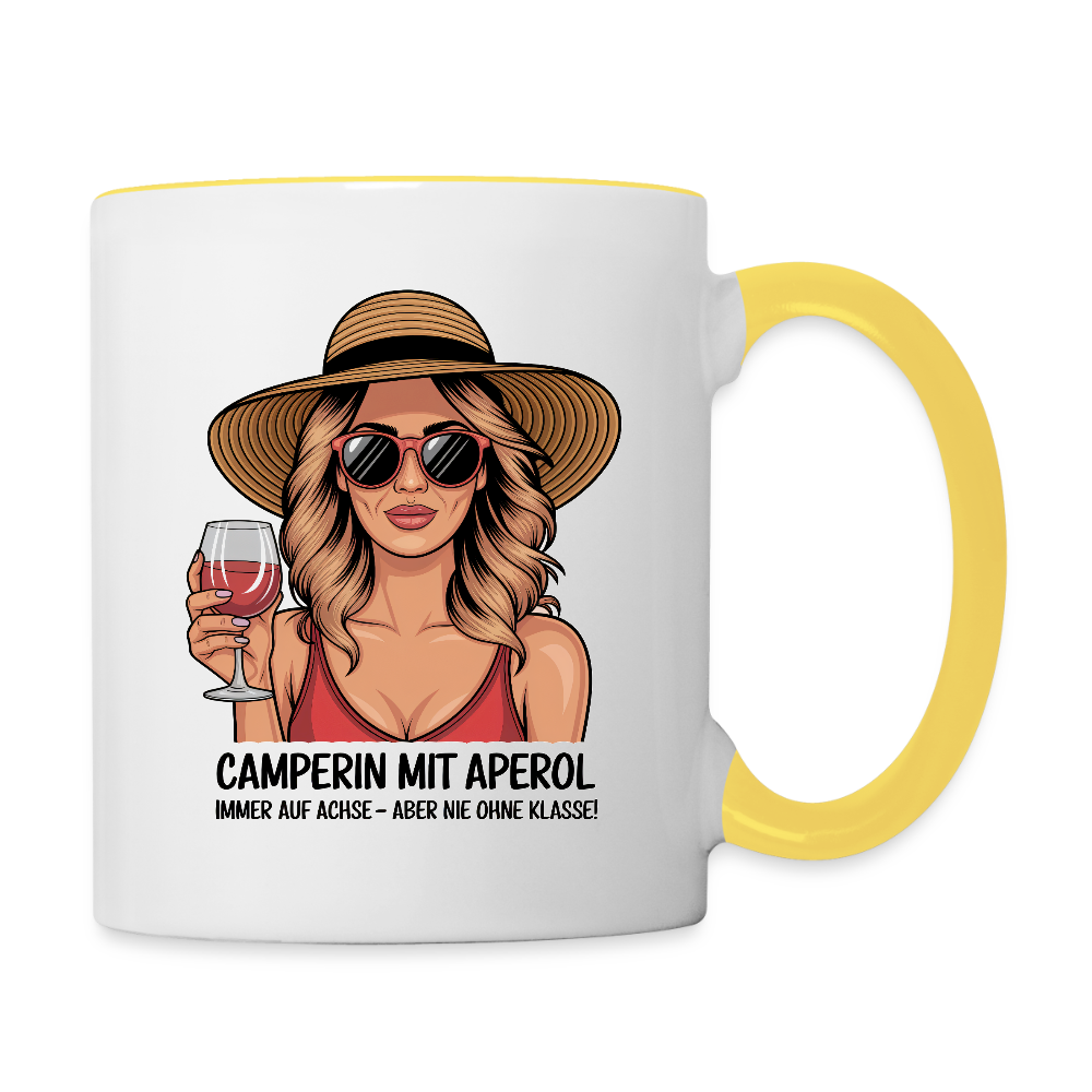 Camperin mit Aperol | Tasse zweifarbig - Weiß/Gelb
