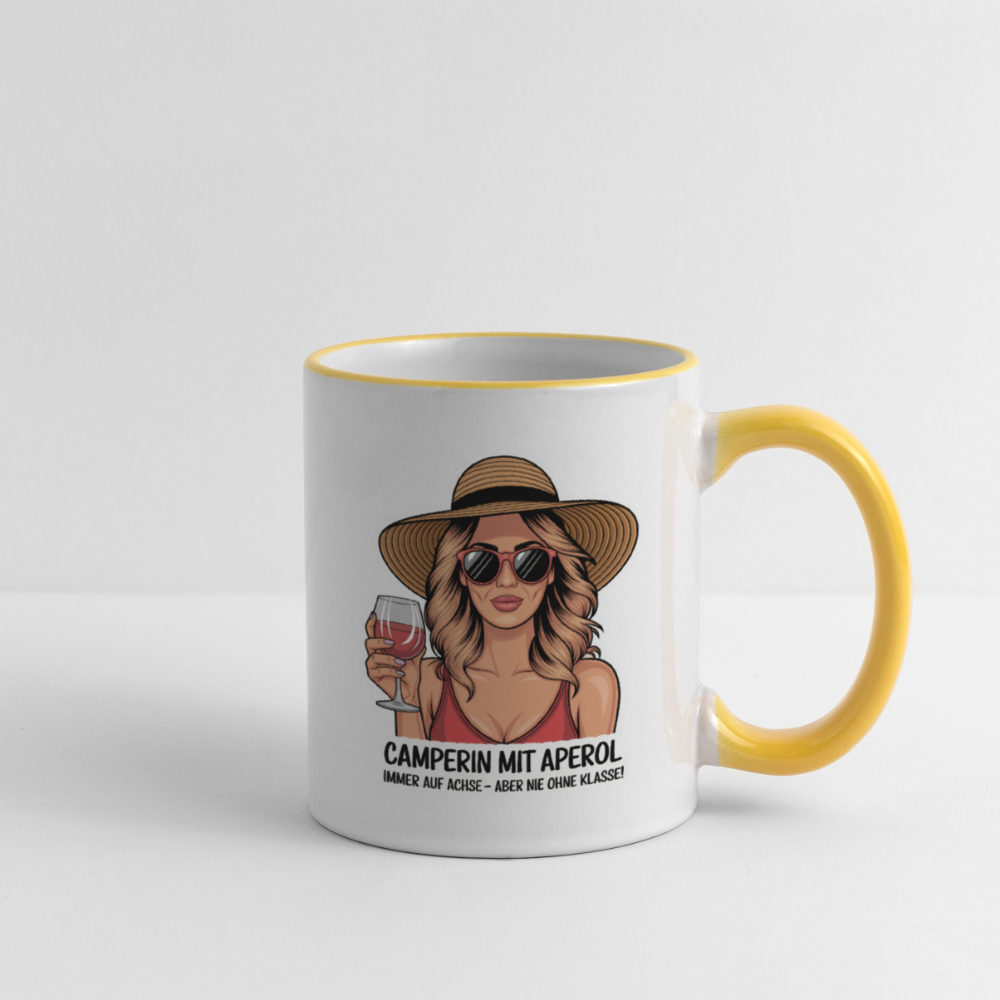 Camperin mit Aperol | Tasse zweifarbig - Weiß/Gelb