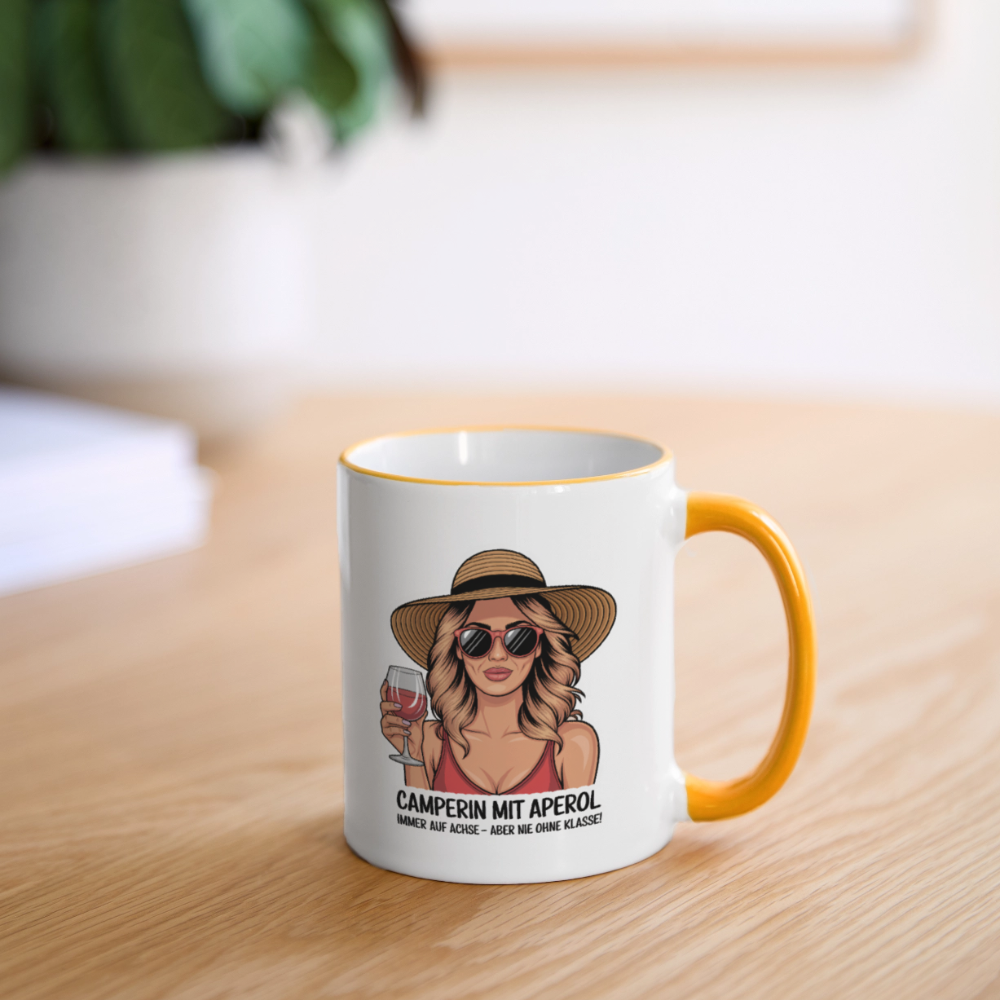Camperin mit Aperol | Tasse zweifarbig - Weiß/Gelb