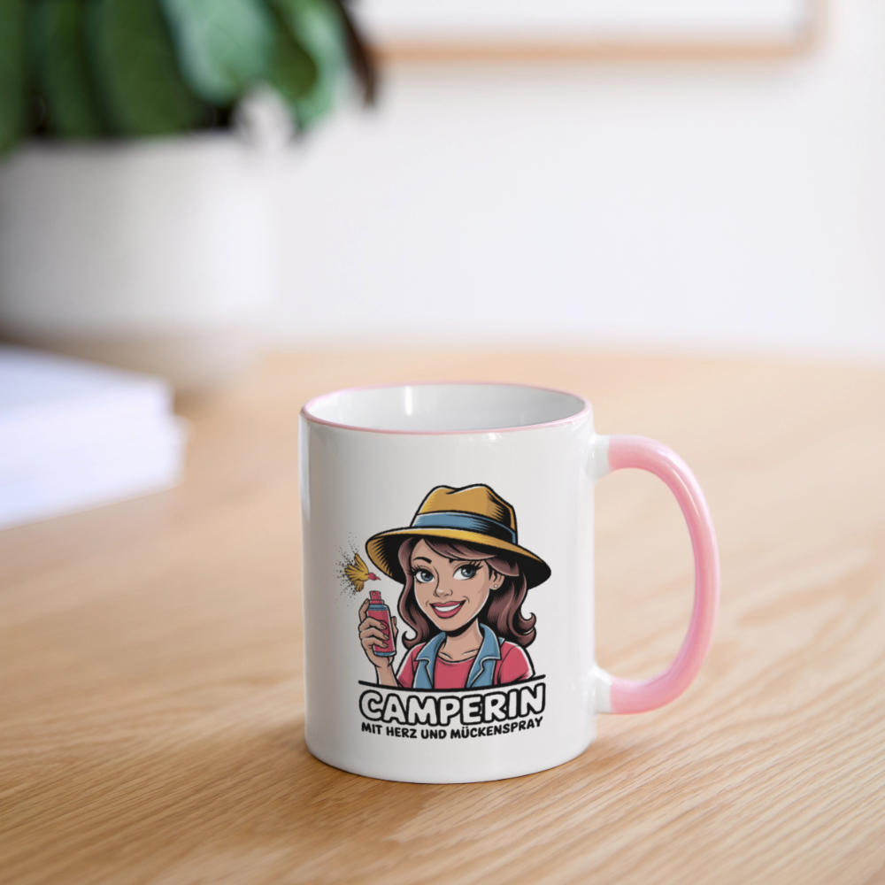 Camperin mit Herz und Mückenspray I Tasse zweifarbig - Weiß/Pink