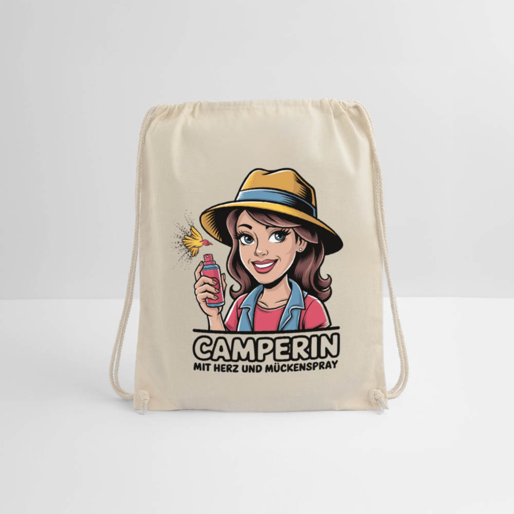 Camperin mit Herz und Mückenspray | Turnbeutel - Natur
