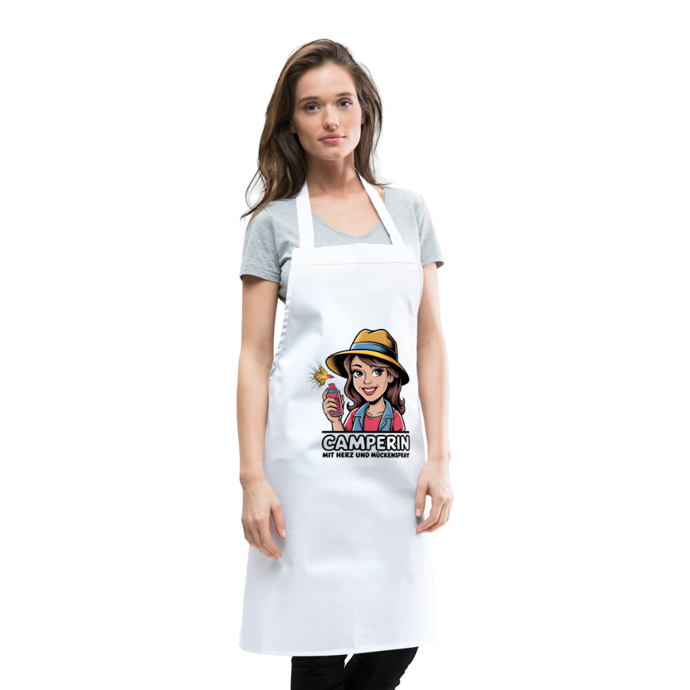 Camperin mit Herz und Mückenspray I Kochschürze - Weiß