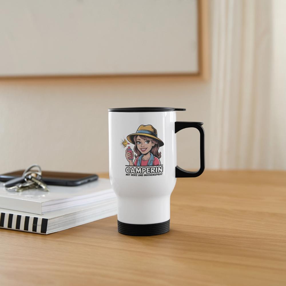Camperin mit Herz und Mückenspray I Thermobecher - Weiß