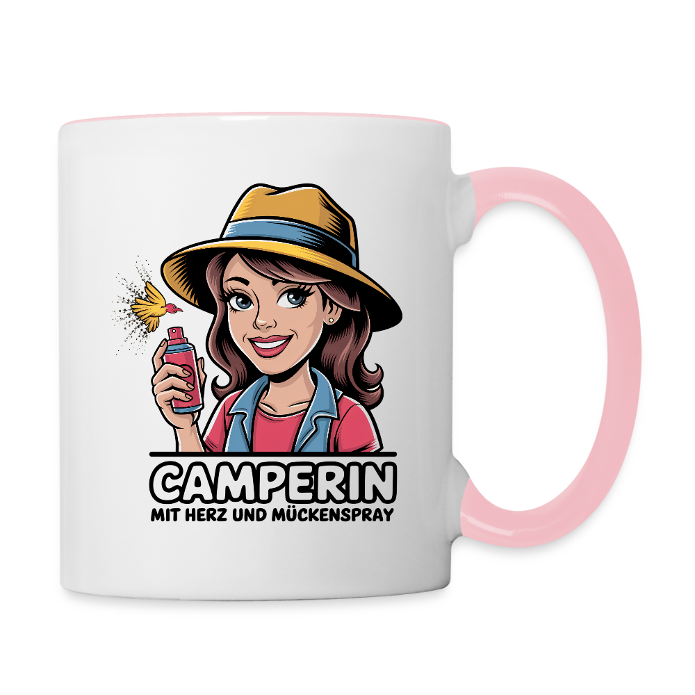 Camperin mit Herz und Mückenspray I Tasse zweifarbig - Weiß/Pink