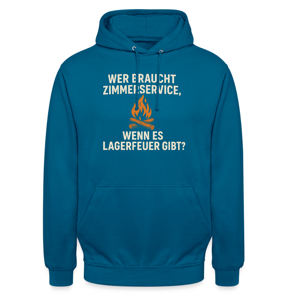 Wer braucht Zimmerservice, wenn es Lagerfeuer gibt? | Unisex Hoodie - Tiefseeblau 