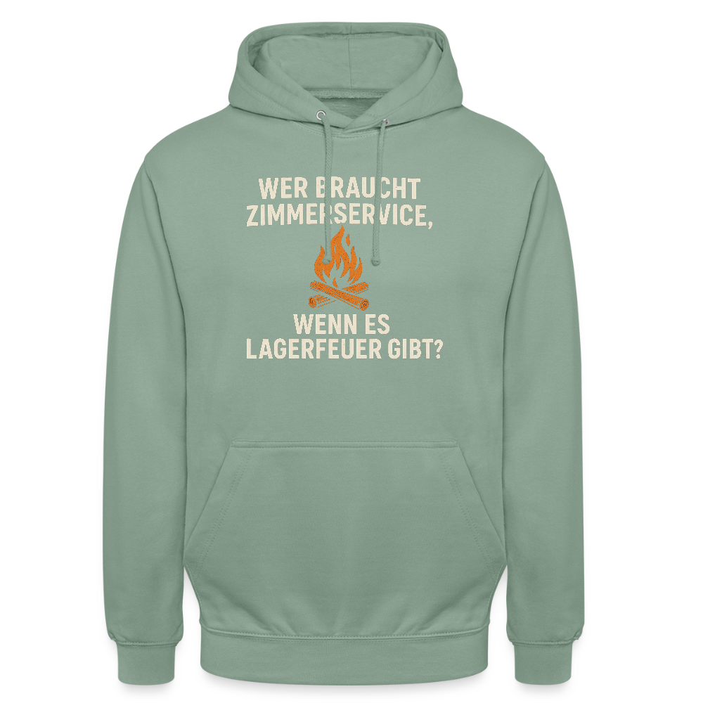 Wer braucht Zimmerservice, wenn es Lagerfeuer gibt? | Unisex Hoodie - Graugrün