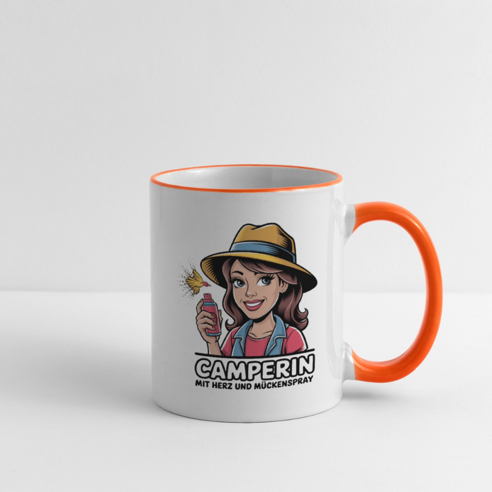 Camperin mit Herz und Mückenspray I Tasse zweifarbig - Weiß/Orange
