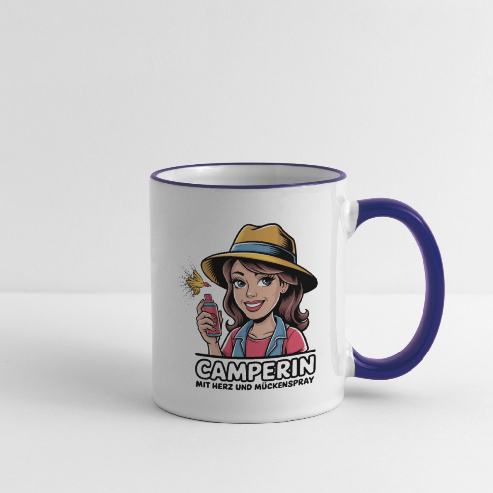 Camperin mit Herz und Mückenspray I Tasse zweifarbig - Weiß/Kobaltblau