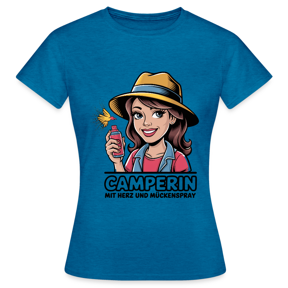 Camperin mit Herz und Mückenspray | Frauen T-Shirt - Antikblaues Saphir meliert