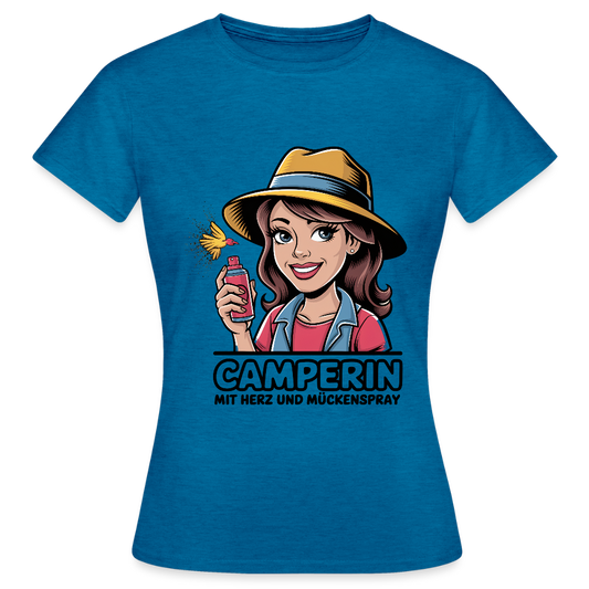 Camperin mit Herz und Mückenspray | Frauen T-Shirt - Antikblaues Saphir meliert