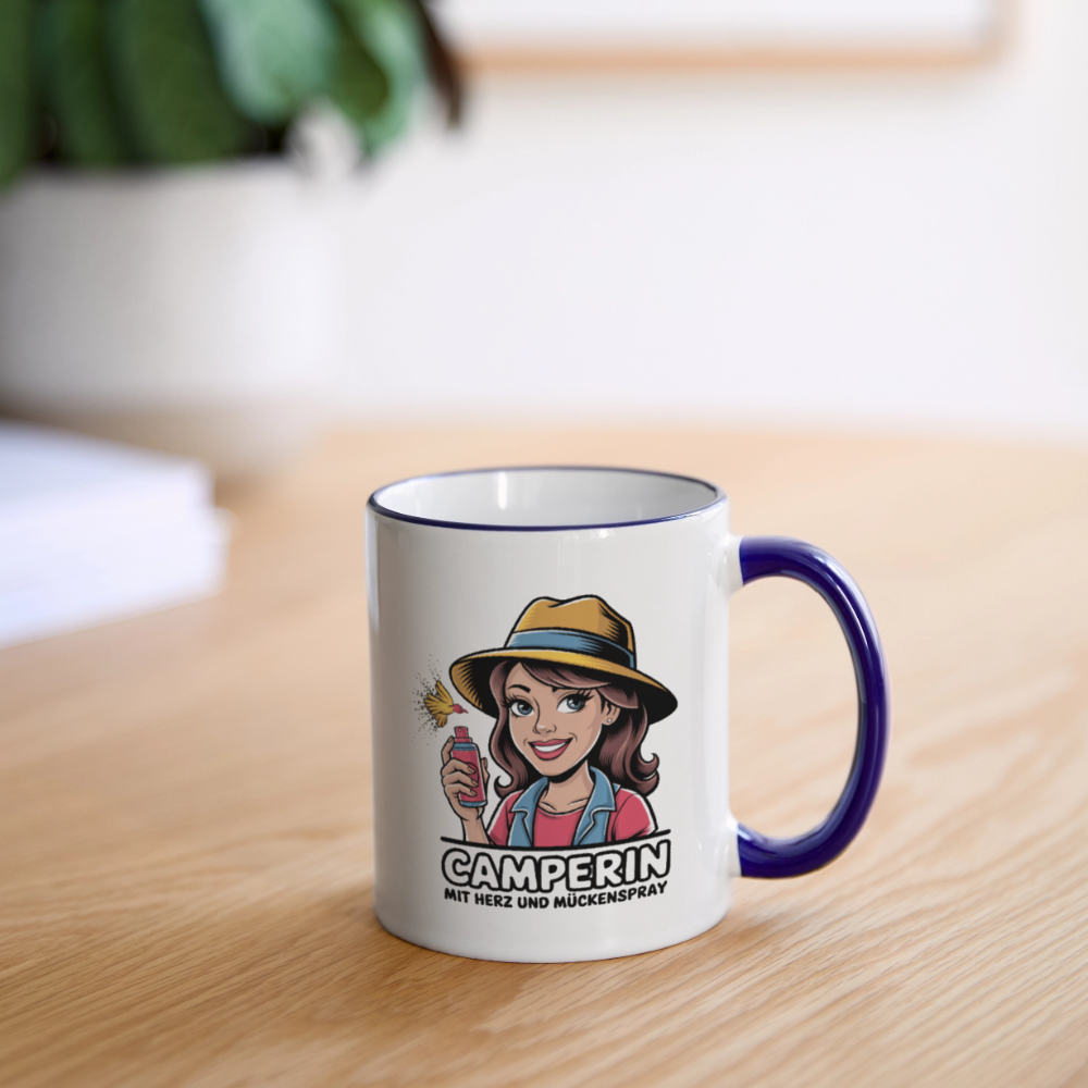 Camperin mit Herz und Mückenspray I Tasse zweifarbig - Weiß/Kobaltblau