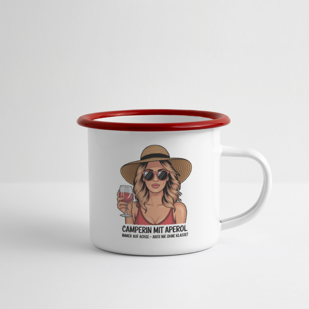 Camperin mit Aperol I Emaille Tasse - Weiß/Rot