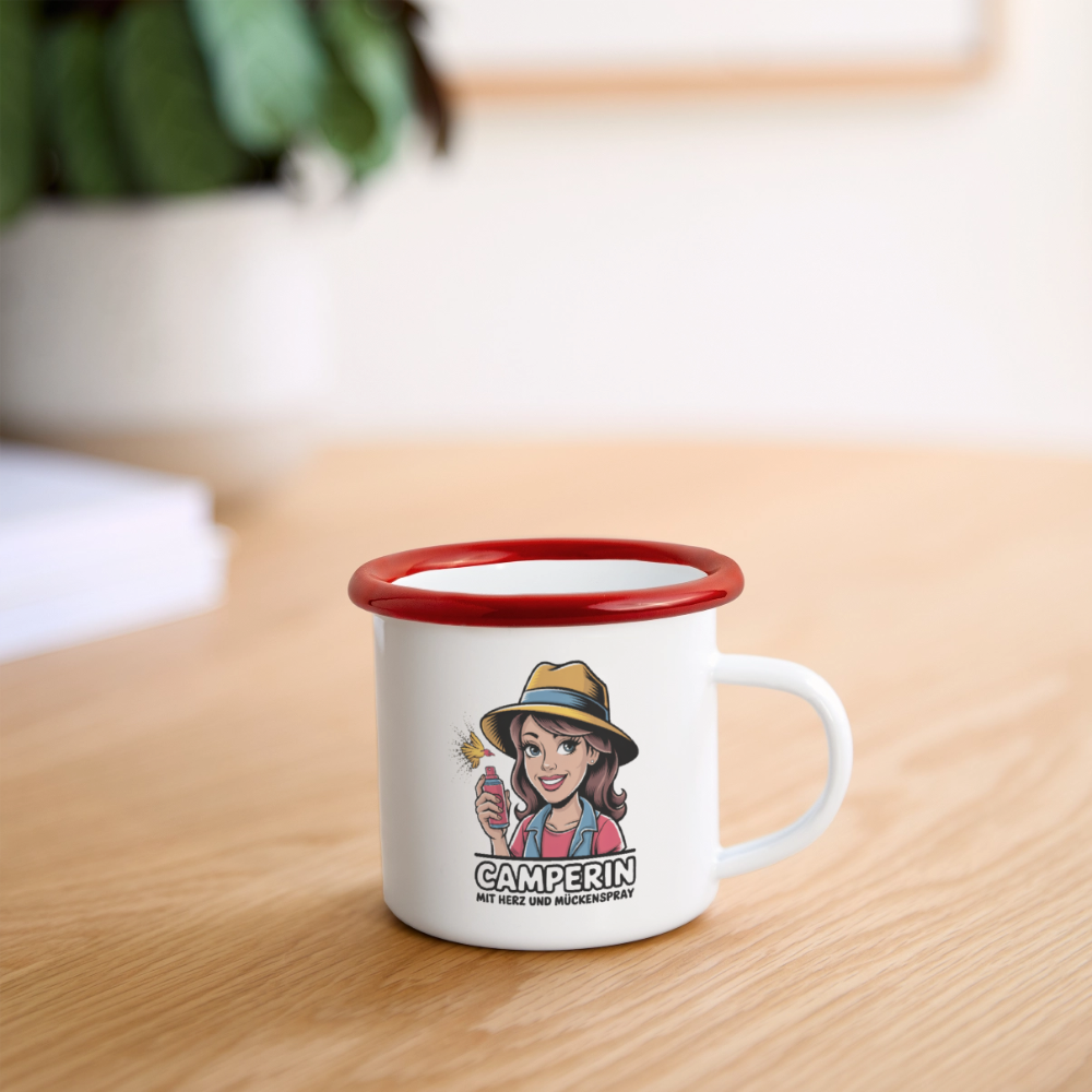 Camperin mit Herz und Mückenspray I Emaille-Tasse - Weiß/Rot