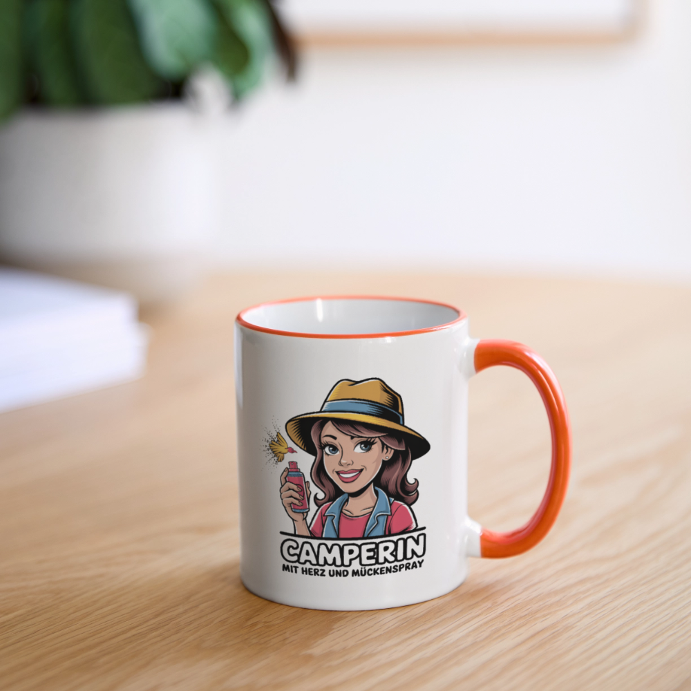 Camperin mit Herz und Mückenspray I Tasse zweifarbig - Weiß/Orange