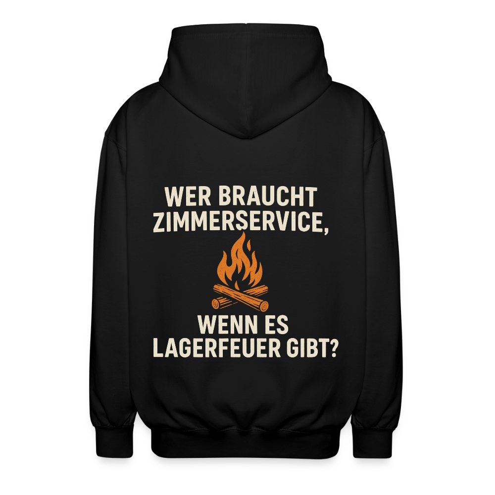 Wer braucht Zimmerservice, wenn es Lagerfeuer gibt? | Unisex Kapuzenjacke - Schwarz