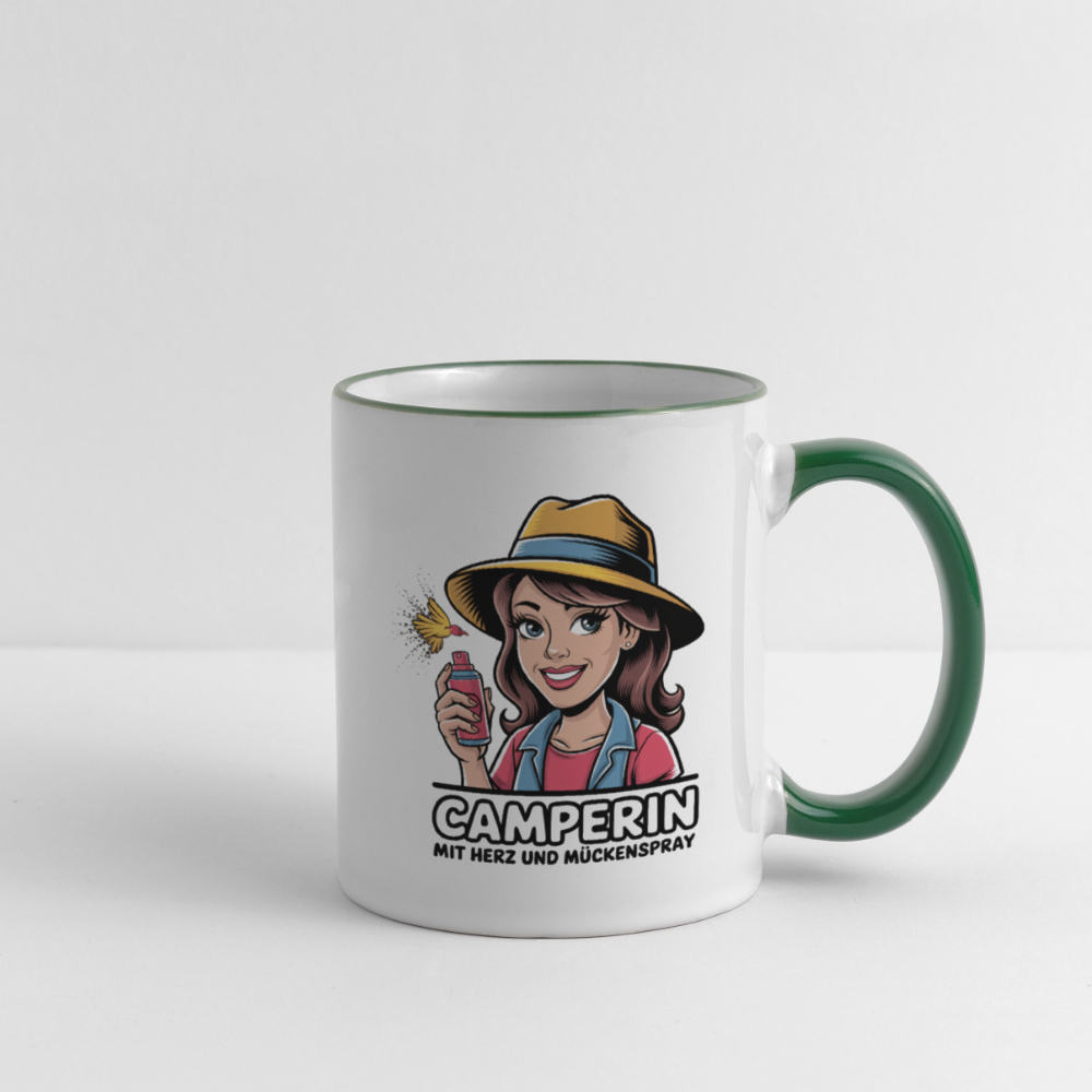 Camperin mit Herz und Mückenspray I Tasse zweifarbig - Weiß/Dunkelgrün