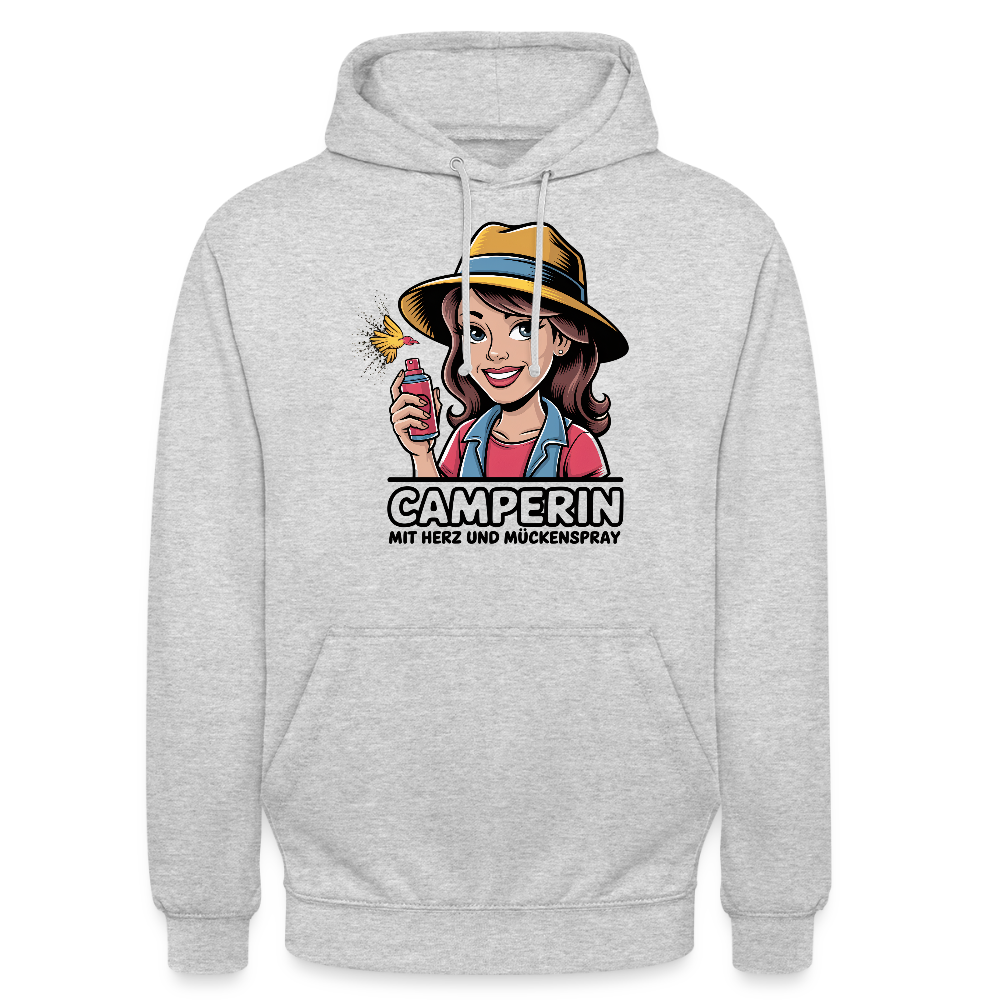 Camperin mit Herz und Mückenspray | Unisex Hoodie - Hellgrau meliert