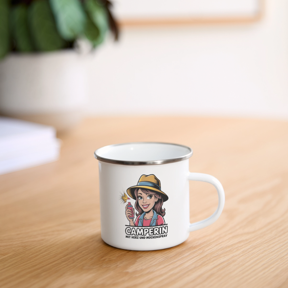 Camperin mit Herz und Mückenspray I Emaille-Tasse - Weiß
