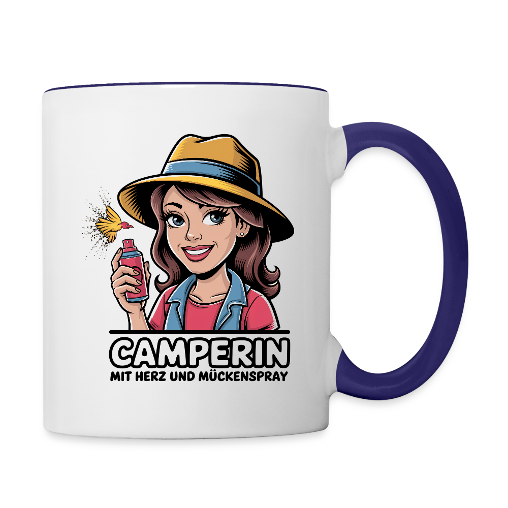 Camperin mit Herz und Mückenspray I Tasse zweifarbig - Weiß/Kobaltblau