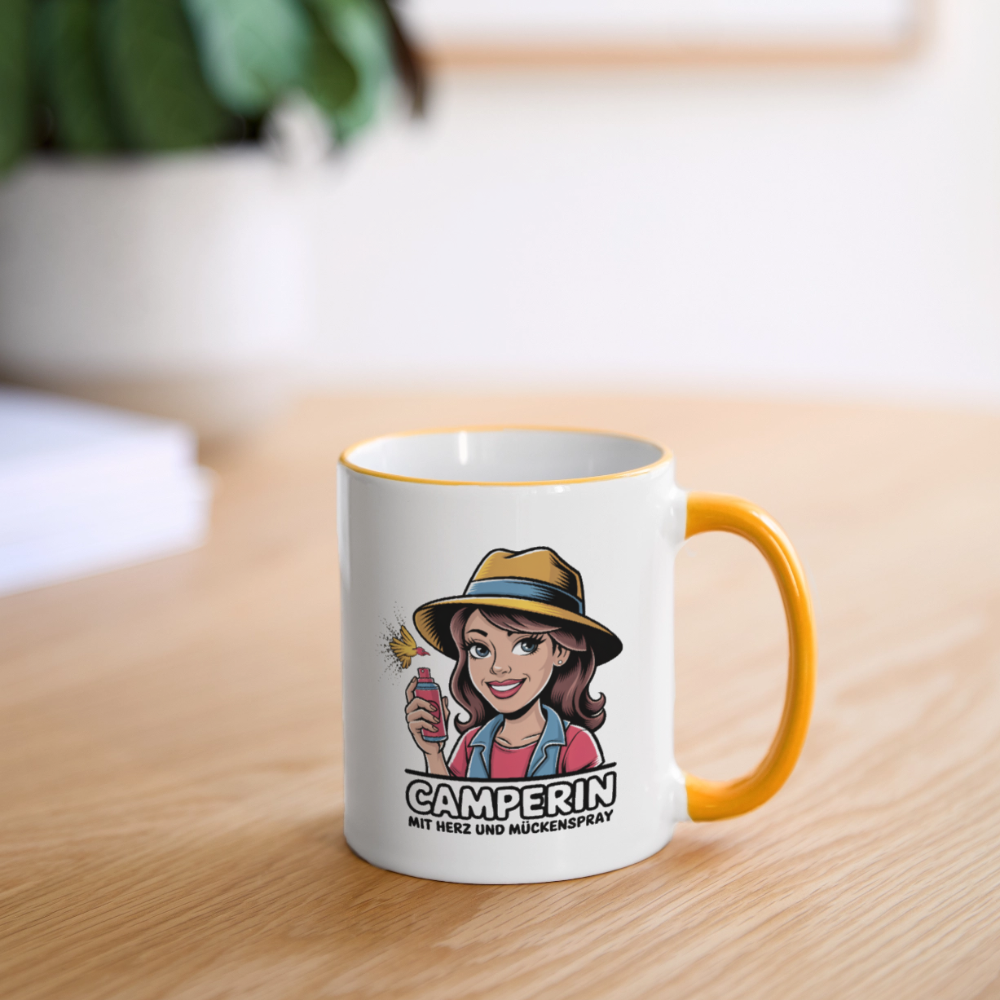 Camperin mit Herz und Mückenspray I Tasse zweifarbig - Weiß/Gelb
