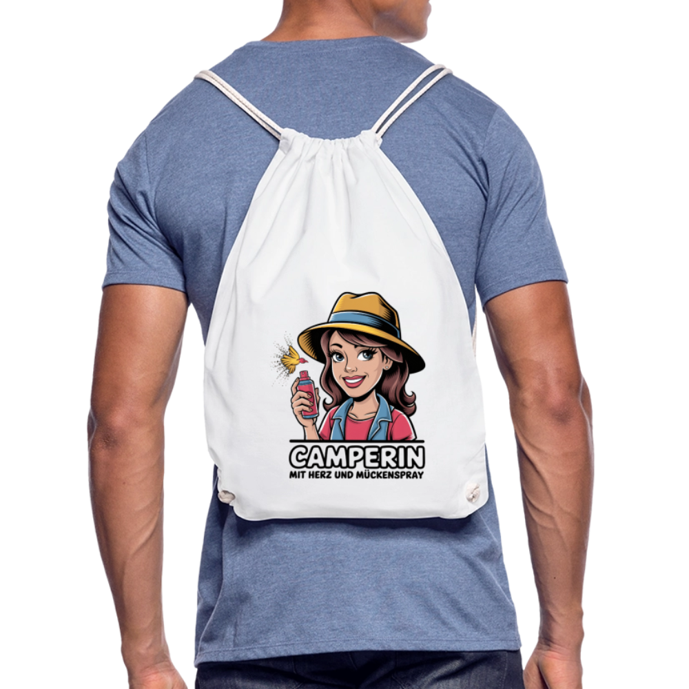 Camperin mit Herz und Mückenspray | Turnbeutel - Weiß